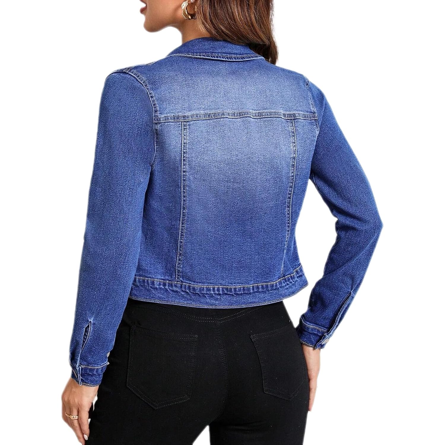 Women Trendy Jean Jacket Stretchy Cropped Denim Jacket Long Sleeve Button Down Denim Coat