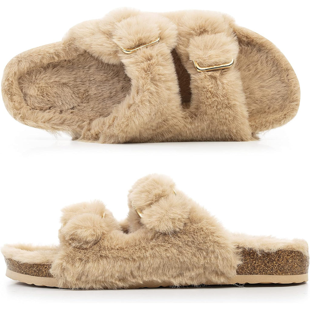 Fitory Womens Open Toe Slipper With Cozy Lining,Faux Rabbit Fur Cork Slide Sandals Size 6-11