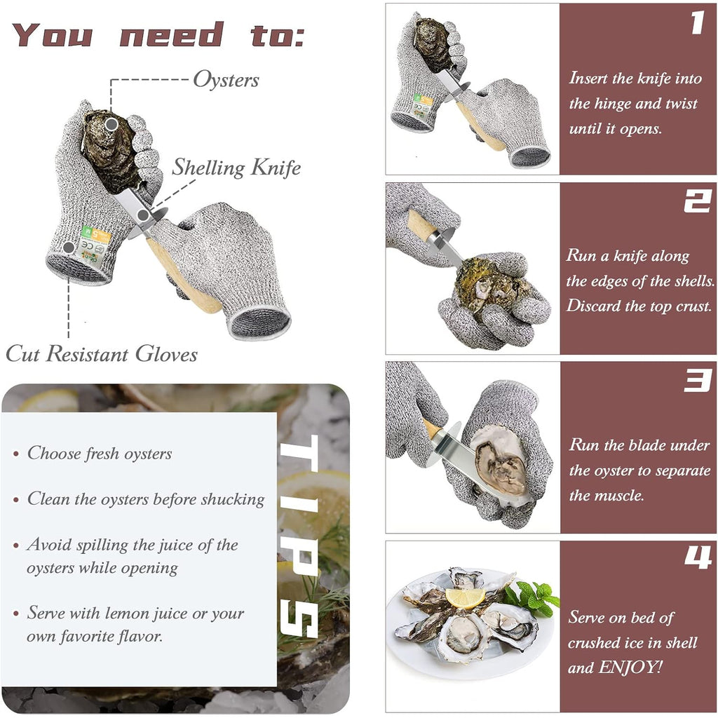 Mybmhtnb Oyster Shucking Knife Set Of 2 Stainless Steel Oyster Knifes And 2 Pairs Level 5 Cut-Resistant Gloves，Oyster Knives Suitable For All Kinds Of Shells And Oysters Shucking