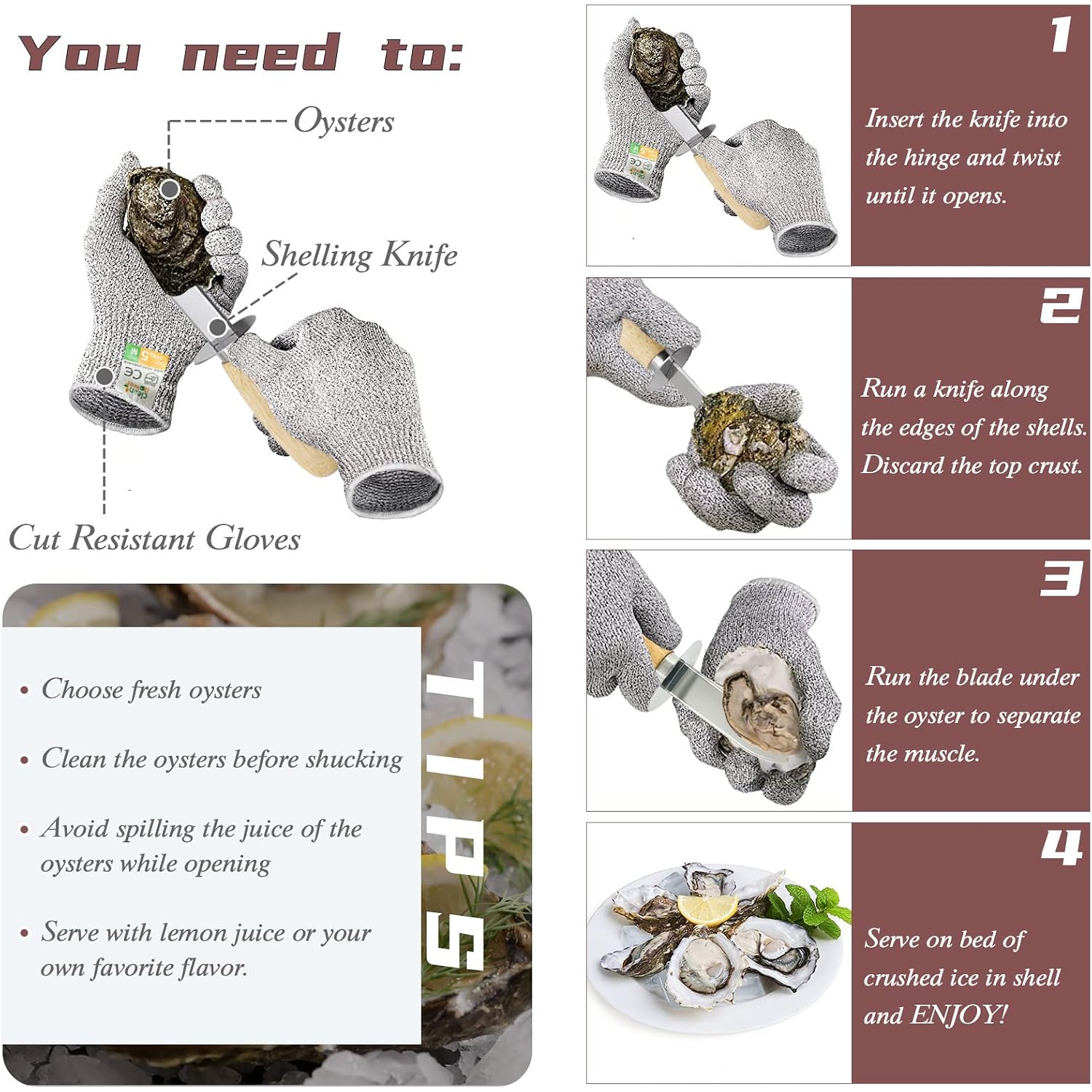 Mybmhtnb Oyster Shucking Knife Set Of 2 Stainless Steel Oyster Knifes And 2 Pairs Level 5 Cut-Resistant Gloves，Oyster Knives Suitable For All Kinds Of Shells And Oysters Shucking