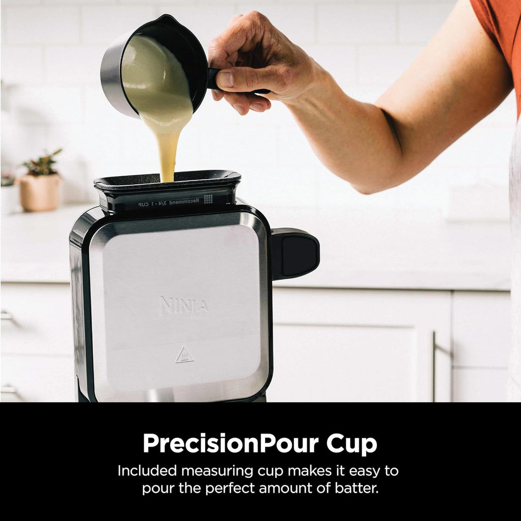 Ninja Belgian Waffle Maker Pro | Vertical Design | 5 Shade Settings with Precision-Pour Cup & Chef-curated Recipe Guide | Black & Silver | BW1001