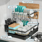 7 code Large Dish Drying Rack for Kitchen Counter, Detachable Large Capacity Dish Drainer Organizer, 2-Tier Dish Racks with Utensil Holder, Black