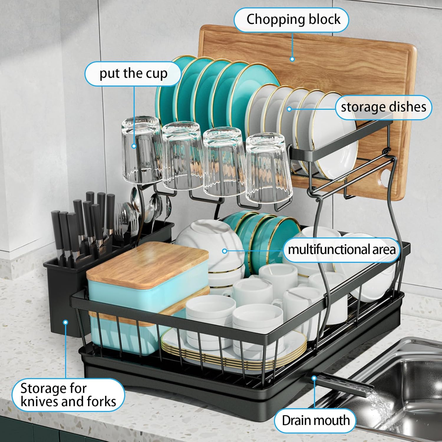 7 code Large Dish Drying Rack for Kitchen Counter, Detachable Large Capacity Dish Drainer Organizer, 2-Tier Dish Racks with Utensil Holder, Black