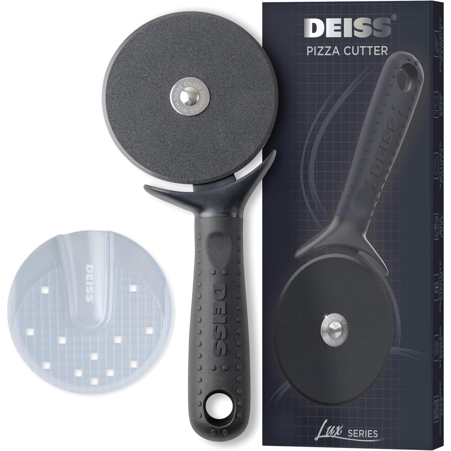 Deiss Lux Heavy Duty Pizza Cutter With Wheel Slicer- Stainless Steel Sharp Smooth Pizza Cutter Wheel With Easy Grip Non-Slip Handle, Dishwasher Safe (Black)