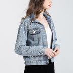 Women'S Pearls Denim Jacket Cropped Rhinestones Jean Jacket Coat