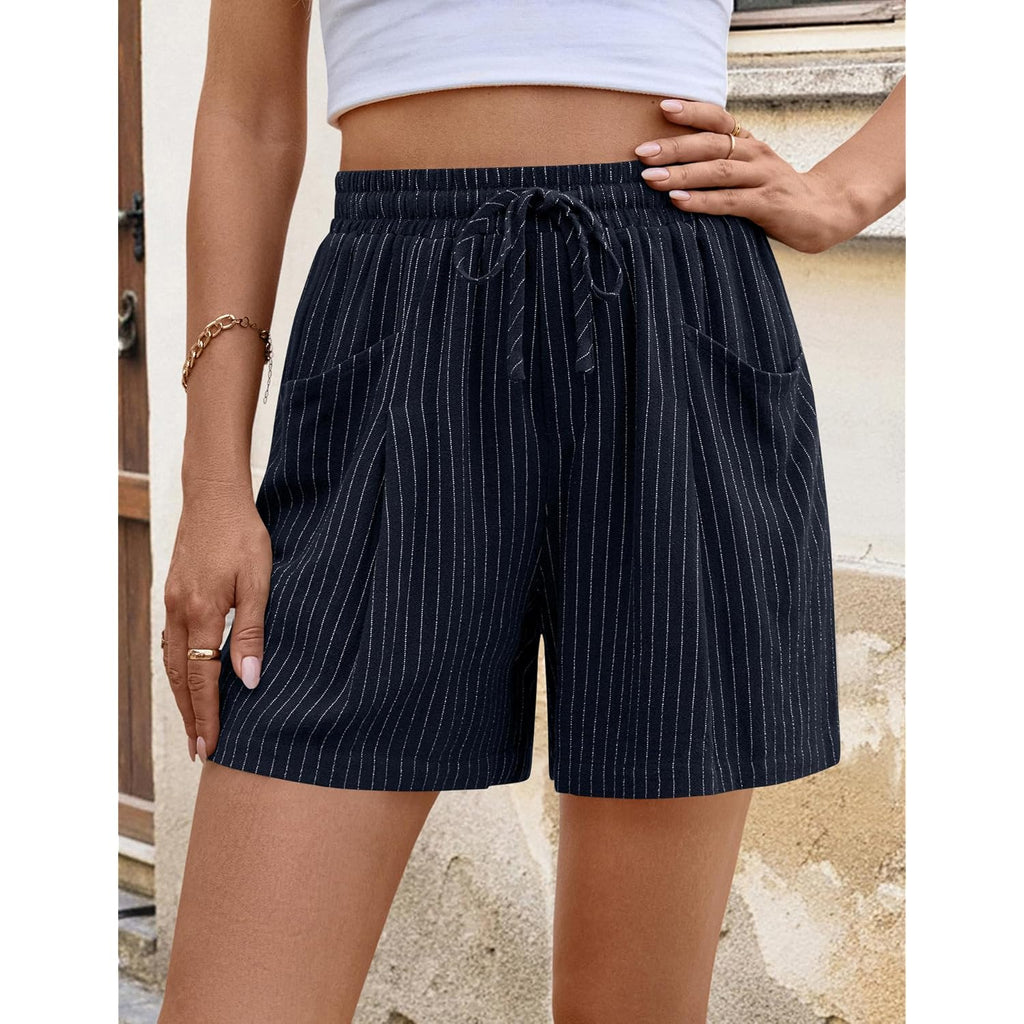 Linen Shorts Women Casual Wide Leg High Waisted Summer Outfits Comfy Elastic Waist Beach Shorts with Pockets