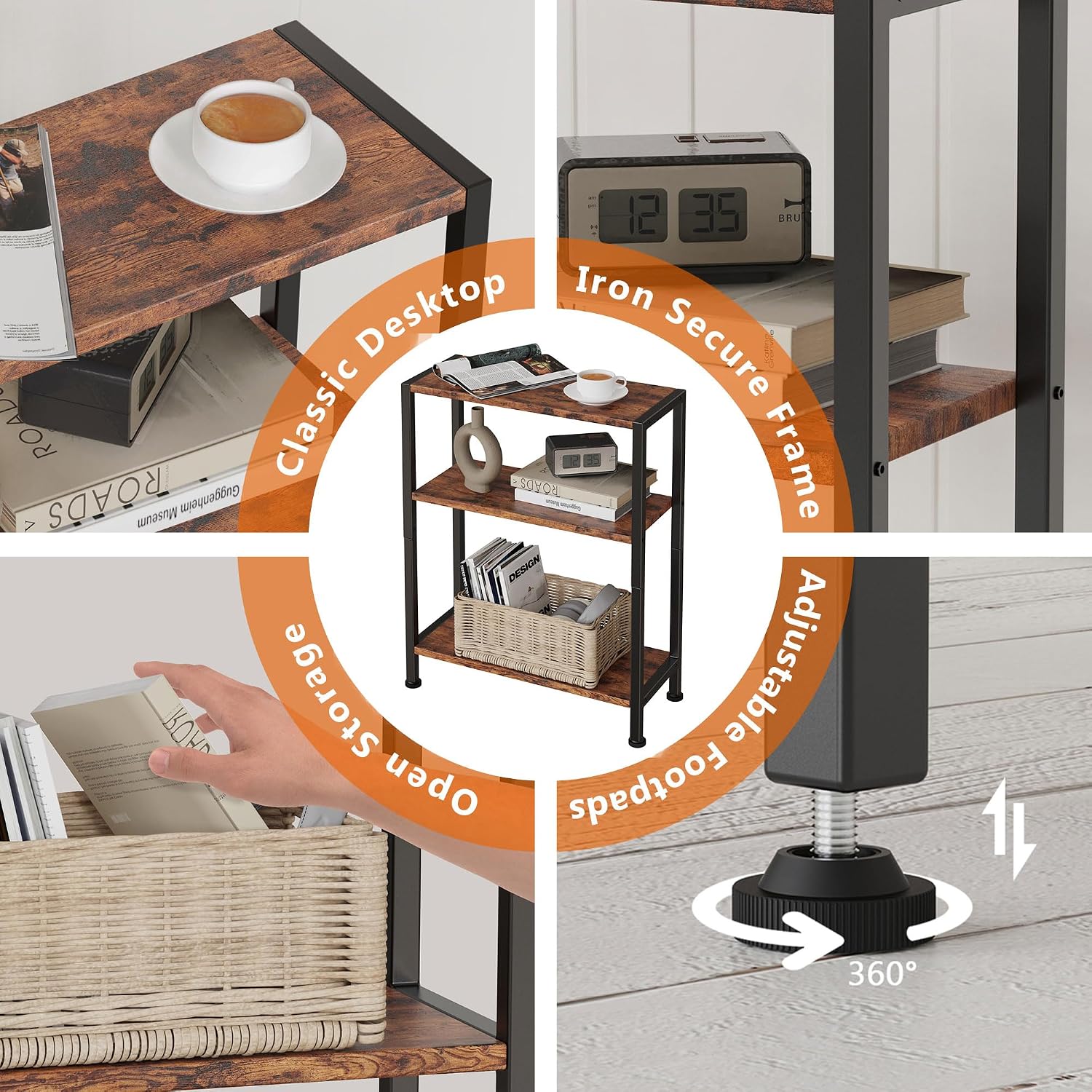 3-Tier Side Table, Small End Table, Sofa Side Table For Narrow Spaces, Slim End Table, Nightstand Table, For Living Room Bedroom Office, Rustic Brown