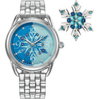 Citizen Women'S Eco-Drive Disney Princess Frozen Crystal Watch And Pin Gift Set In Silver Stainless Steel Watch, Blue Dial (Model: Fe7091-61W)