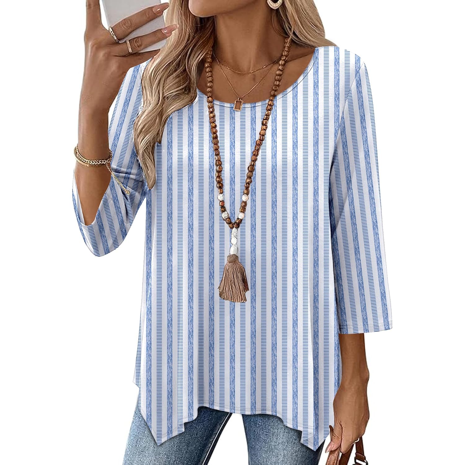 3/4 Length Sleeve Womens Tunic Tops Loose Fit Blouses Dressy Casual Crew Neck Tees S-2XL
