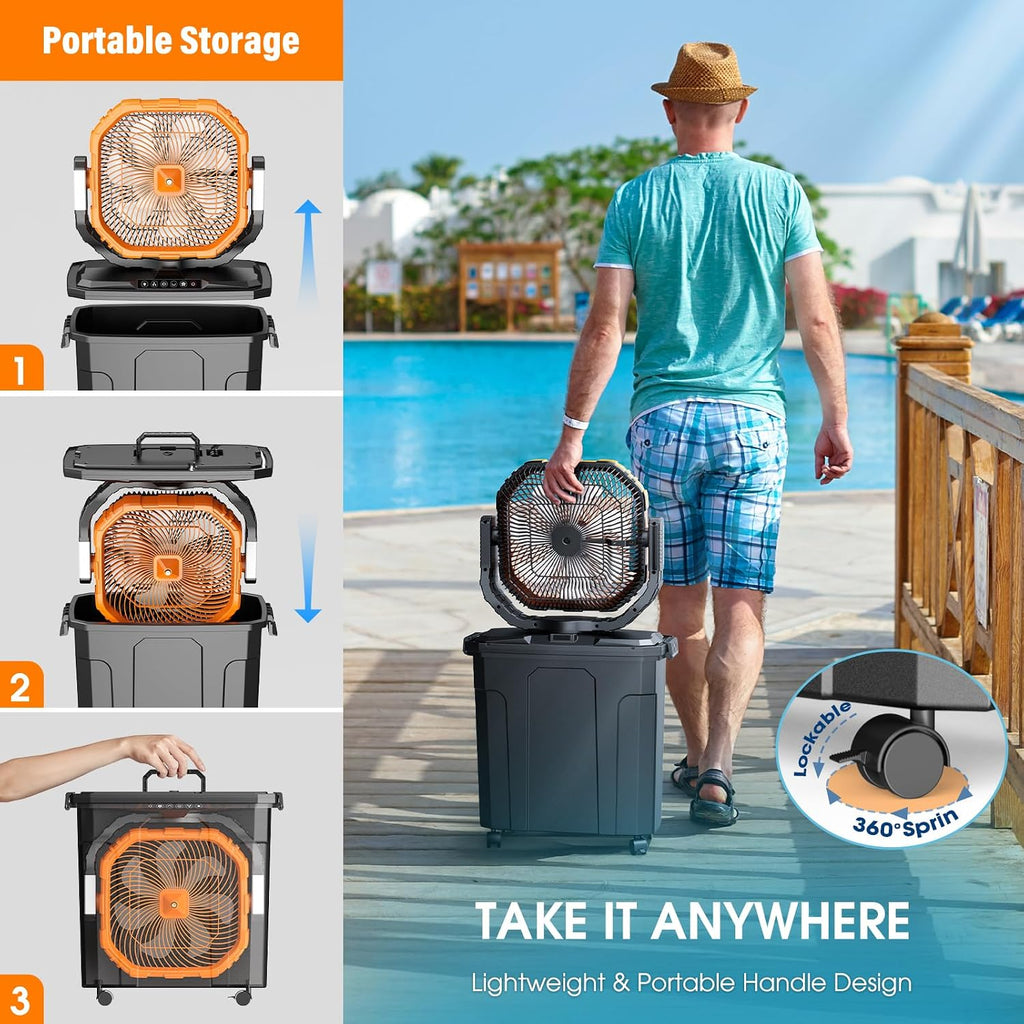 Ausic 5 Gal 12" Portable Misting Fan For Outside Patios, 30000Mah Outdoor Rechargeable Battery Oscillating Fan With Remote, Cooling Camping Dugout Fan With Light/Timer/Caster, Summer Essential