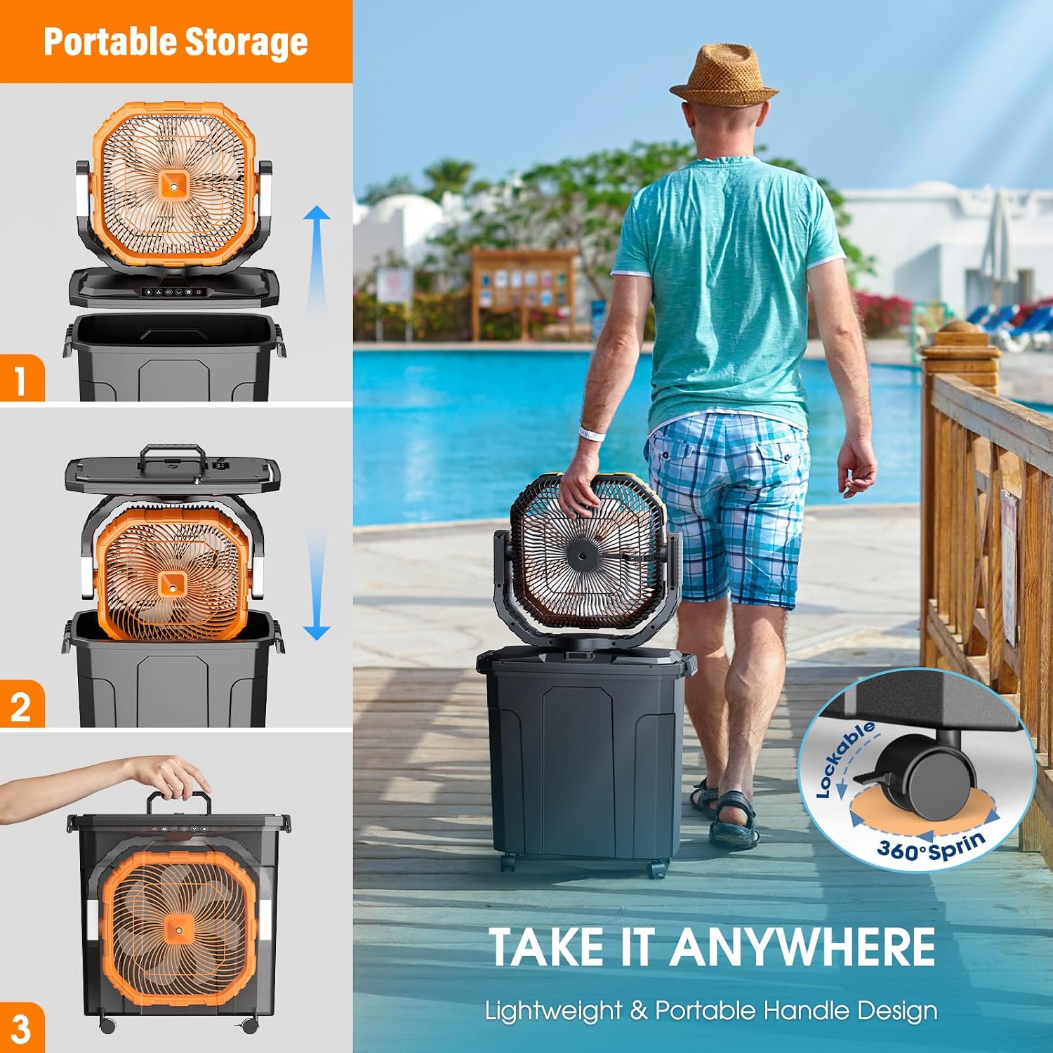 Ausic 5 Gal 12" Portable Misting Fan For Outside Patios, 30000Mah Outdoor Rechargeable Battery Oscillating Fan With Remote, Cooling Camping Dugout Fan With Light/Timer/Caster, Summer Essential