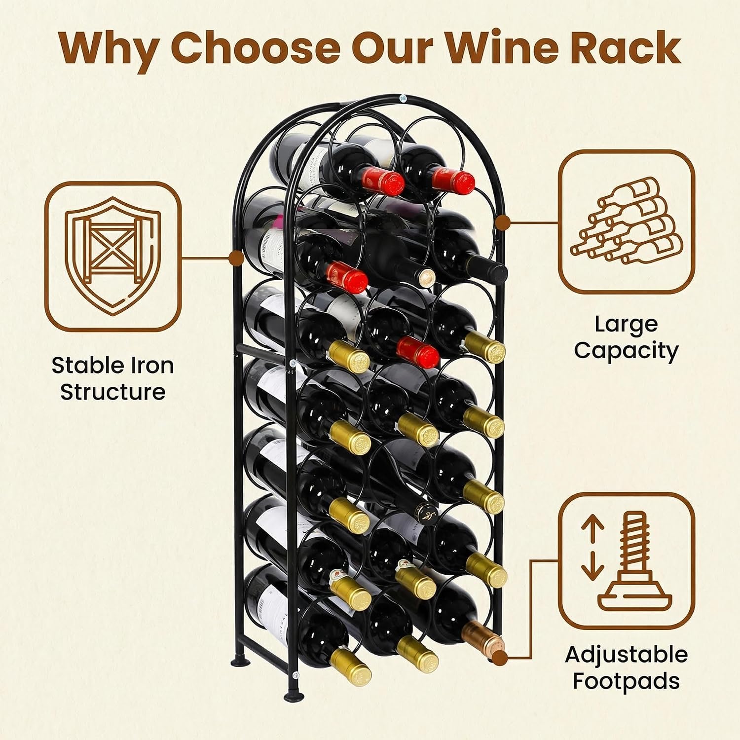 23 Bottles Arched Freestanding Floor Metal Wine Rack Wine Bottle Holders Stands, Black