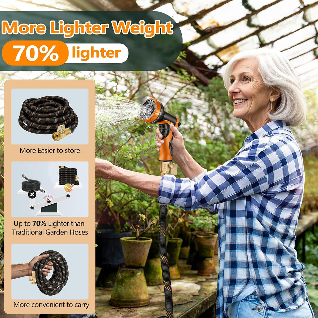 Flexible Garden Hose 100 Ft, Ultra Lightweight Water Hoses W/10 Function Sprayer And 3/4" Brass Fittings, Kink-Free, Sturdy, Abrasion Resistant For Yard, Lawn, Outdoor And Gardening(Black Orange)