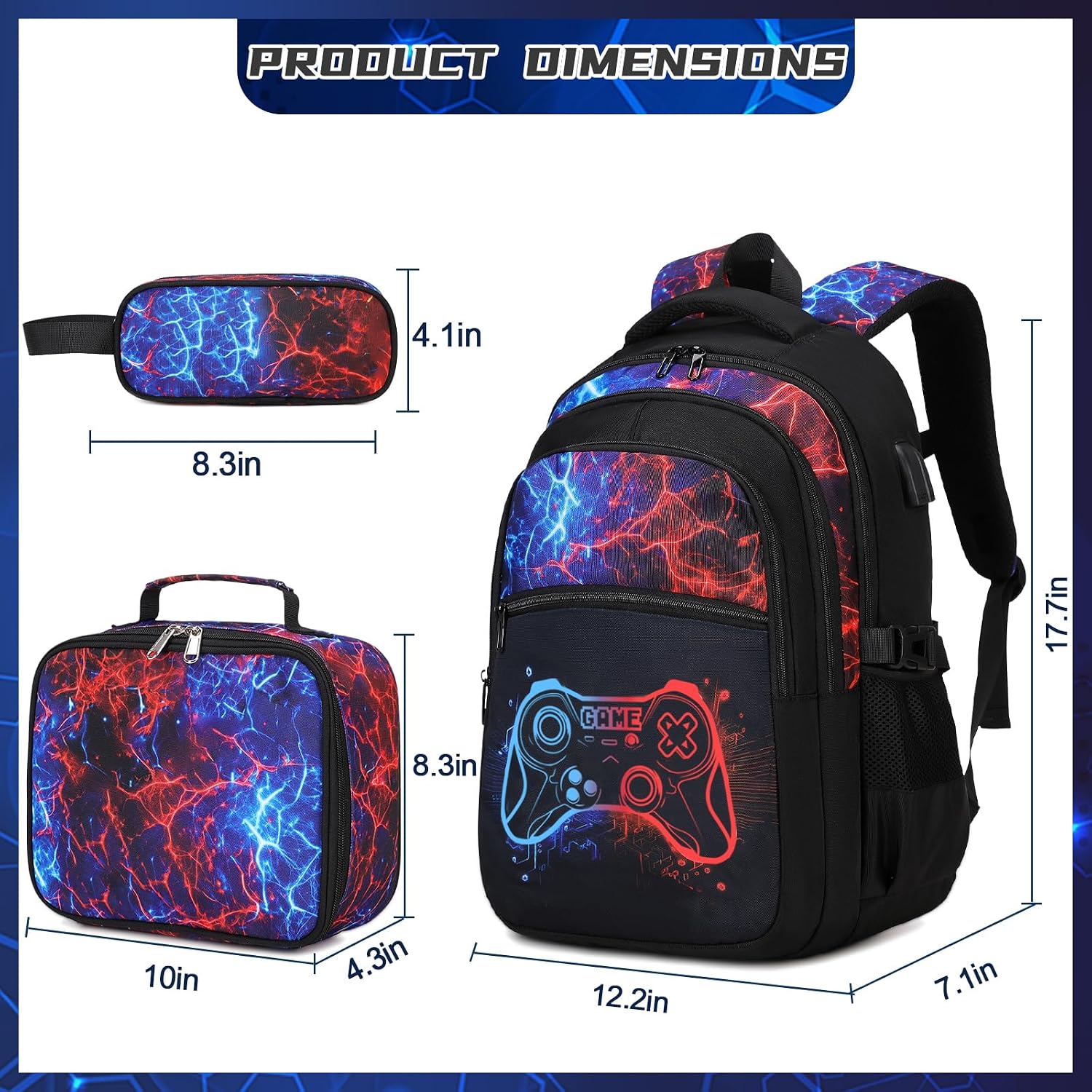 Boys Backpack For School, 3Pcs Cool Luminous Gamer Backpack For Boys With Lunch Box Pencil Case, Kids Backpacks Bookbag For Teen Boy Elementary Middle High School With Usb Charging Port