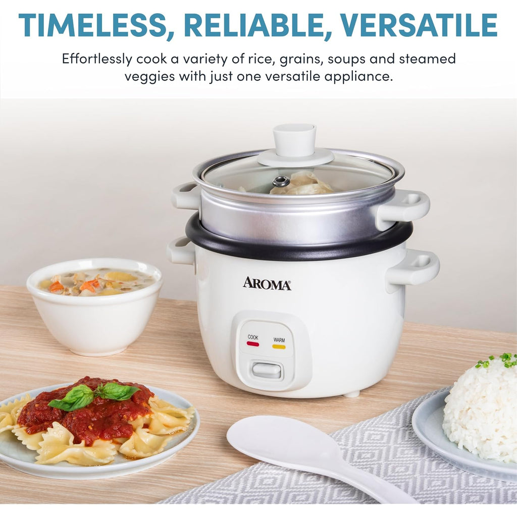 Aroma® Rice Cooker, 2-Cup (Uncooked) / 4-Cup (Cooked), Steamer, Grain Cooker, Soup Maker, Oatmeal Cooker, Auto Keep Warm, 1 Qt, White, Arc-302-1Ng