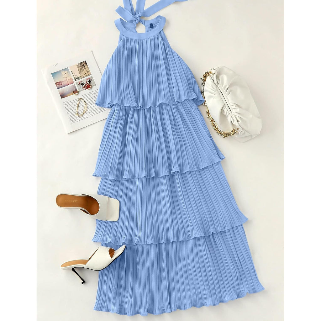 Zesica Women'S 2026 Summer Sleeveless Halter Neck Ruffle Tiered Layed Chiffon Flowy Swing Long Midi Dress