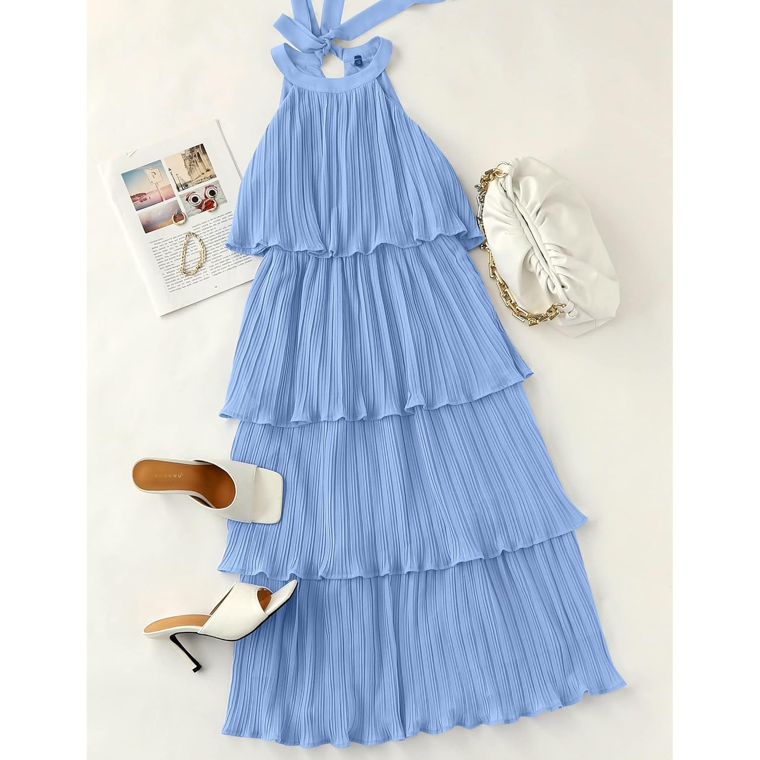 Zesica Women'S 2026 Summer Sleeveless Halter Neck Ruffle Tiered Layed Chiffon Flowy Swing Long Midi Dress