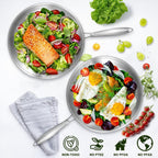 EWFEN 12 Inch Tri-Ply Stainless Steel Frying Pan, Compatible with All Cooktops Up to 600℉, Large Frying Pan with lids, Induction-Ready Skillet, Dishwasher and Oven Safe, Even Heat, 12" Skillet + Lid