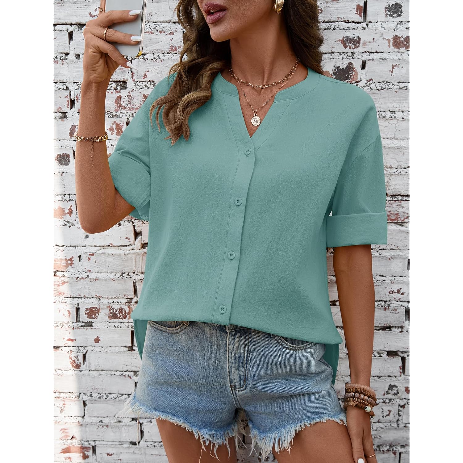 Lomon 3/4 Length Sleeve Womens Tops V Neck 3/4 Sleeve Sides Slit Button Down Shirts Cotton Linen Casual Loose Blouses