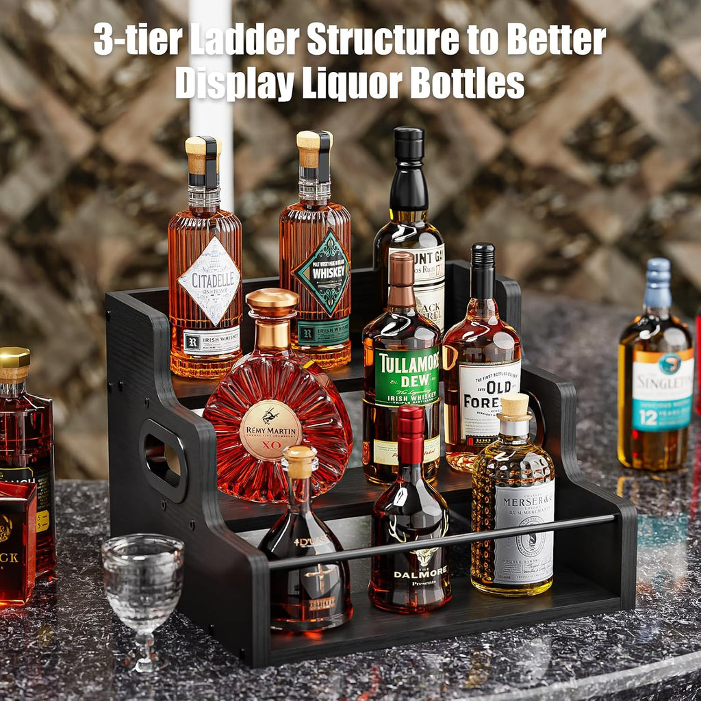 Klm Liquor Bottle Display Shelf, Coffee Syrup Rack Organizer, 3 Step Countertop Liquor Wine Rack, Mini Bar,Liquor Cabinet, Home Retro Bar Shelf Stand For Liquor Whiskey, Spirits（Black）
