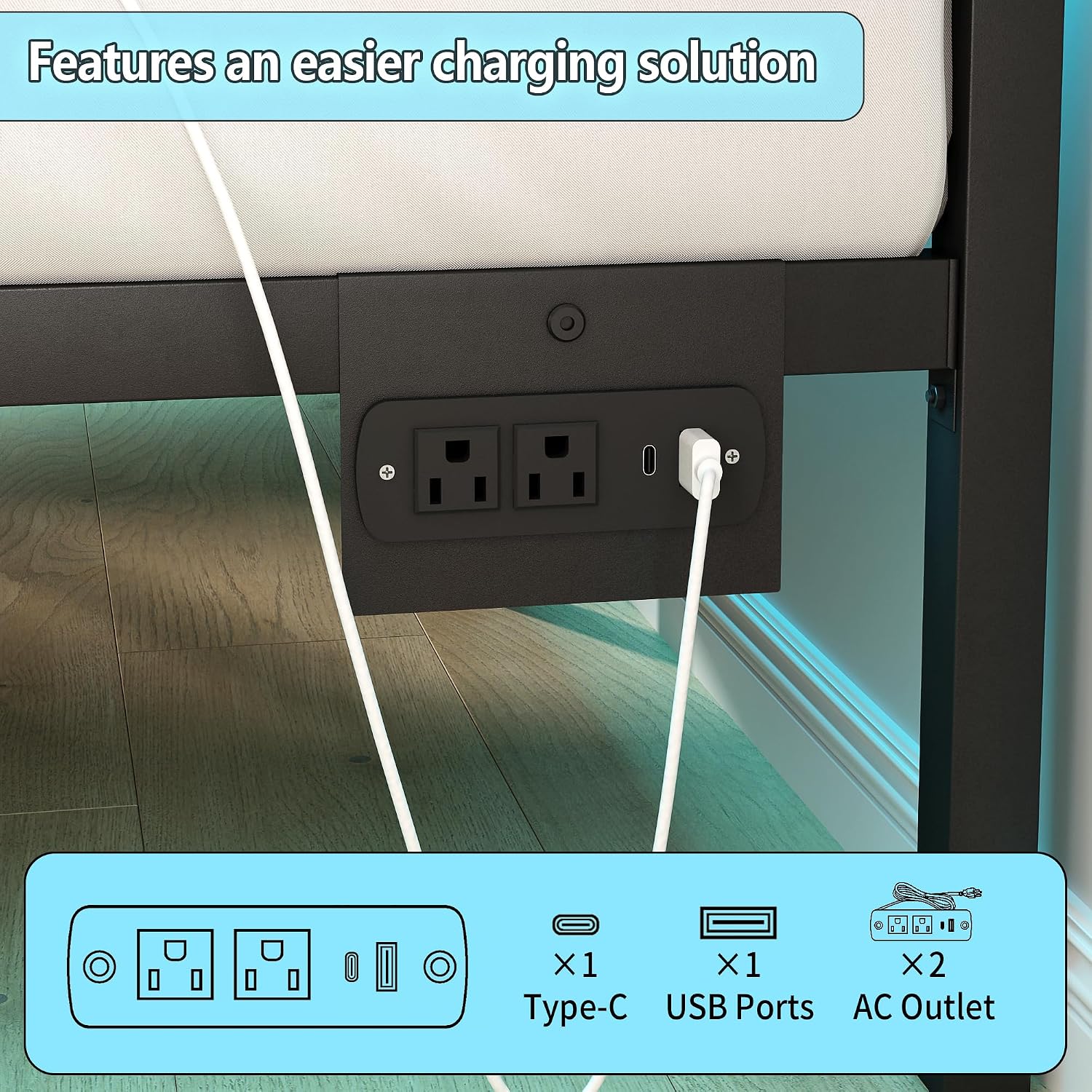 Clibfeng Full Size Bed Frame With Headboard,Heavy Duty Steel Slats Support-Led Bed Frame With Usb Charging Station,Mattress Foundation-Under Bed Storage,No Box Spring Needed,Noise Free，Black