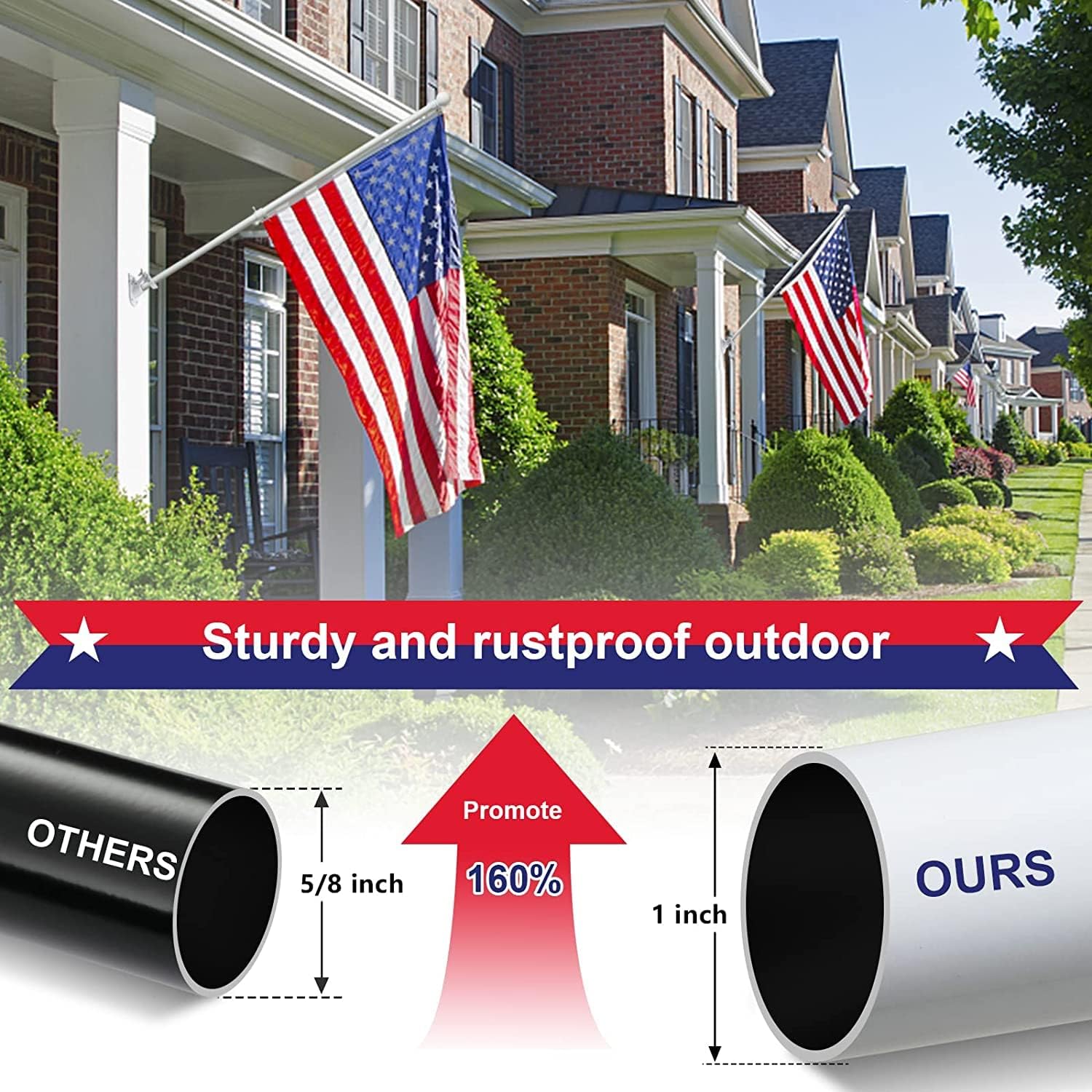Flag Pole For Outside House - 5Ft Heavy Duty Metal Flagpole Kit,Tangle Free, 2 Angle Mount For Grommet Flags,Banner,Garden Flag, For Outdoor Porch,Yard,Garage,Patio Balcony Use