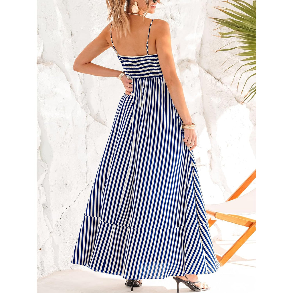 Cupshe Womens Summer Maxi Dress Casual Sleeveless Square Neck Striped Beach Long Dress With Pockets