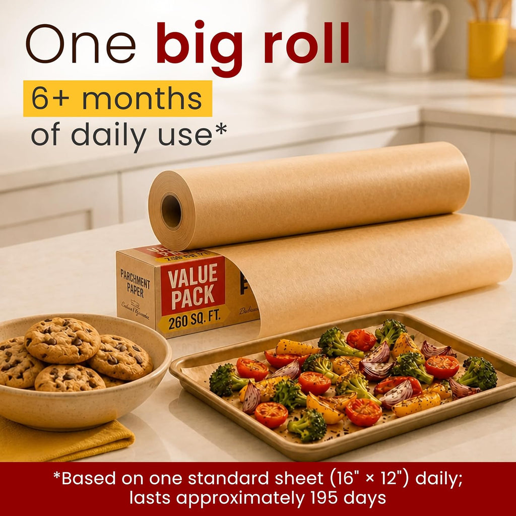 15" X 210 Ft 260 Sq.Ft Unbleached Parchment Paper For Baking – Non-Stick Brown Parchment Paper Roll With Cutter, Oven-Safe To 450°F For Cooking, Grilling, Steaming, Air Fryer By Baker'S Signature