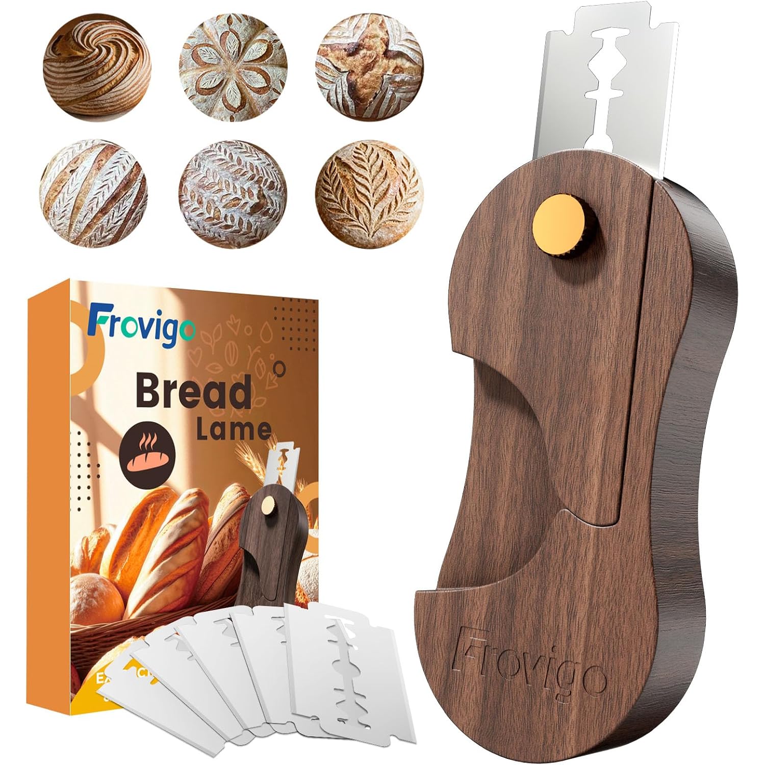 Bread Lame, Scoring Tool For Sourdough With 5 Retractable Razor Blades, Professional Dough Scorer With Magnetic Safety Design, Bread Slashing Tool, Sourdough Knife Supplies For Baking (Walnut)