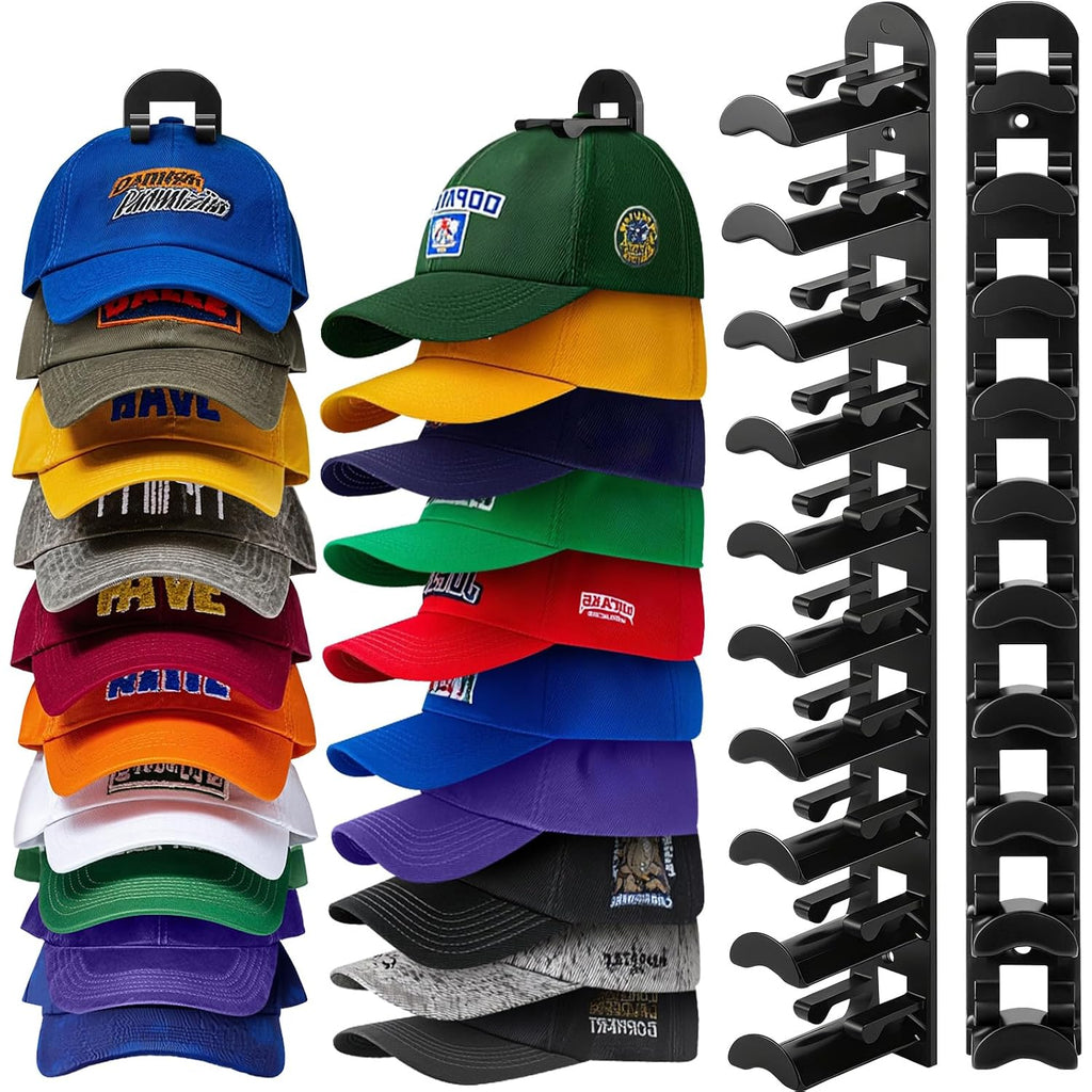 Hat Hook For Wall, 2 Pack Hat Organizer Hold Up To 20 Hats,Hat Holder With Strong Adhesive And 8 Pack Screws, Cap Holder Hat Hangers For Wall Closet Door And Bedroom(B-Black)