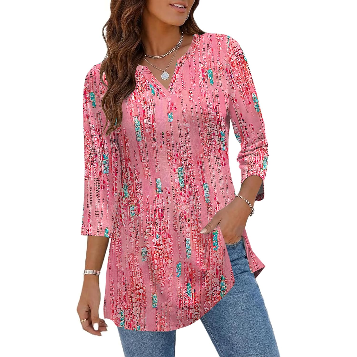3/4 Length Sleeve Womens Tops Dressy Casual Plus Size V Neck Tunics to Wear with Leggings Side Slit Shirt