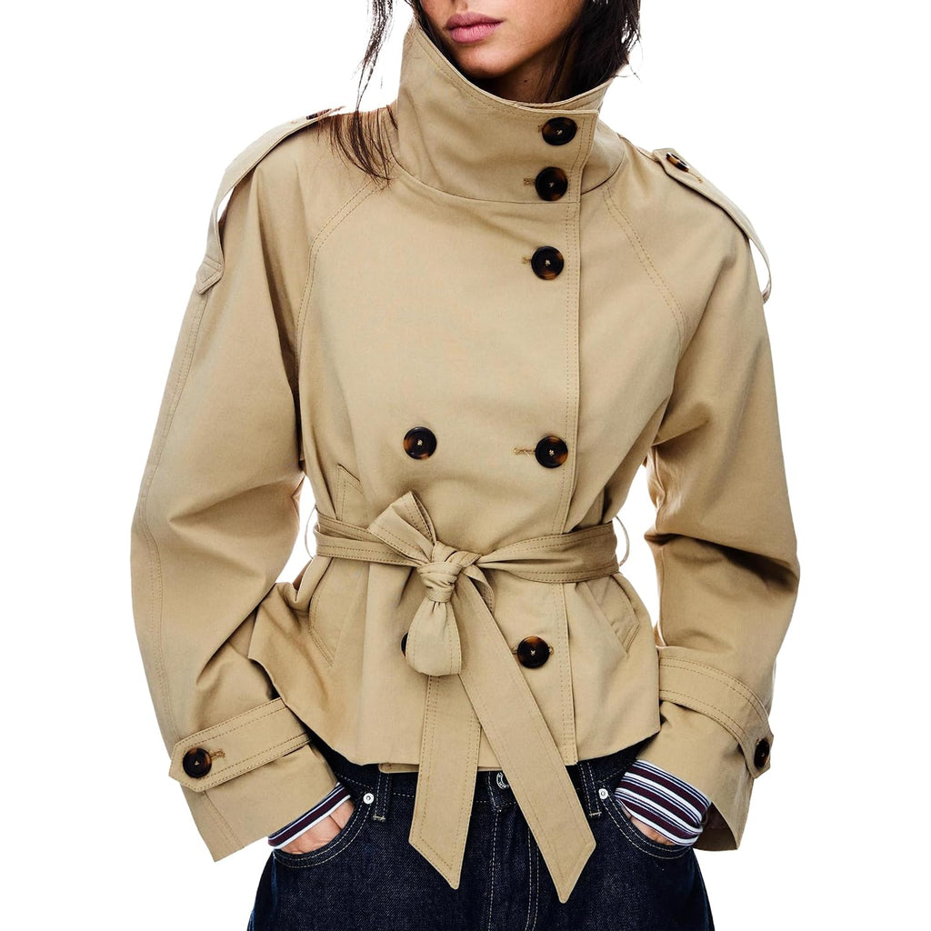 Women'S Cropped Trench Coat Double Breasted Short Jacket High Collar Fall Winter Coats Trendy Outfit With Belt