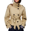 Women'S Cropped Trench Coat Double Breasted Short Jacket High Collar Fall Winter Coats Trendy Outfit With Belt