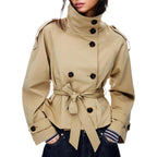 Women'S Cropped Trench Coat Double Breasted Short Jacket High Collar Fall Winter Coats Trendy Outfit With Belt
