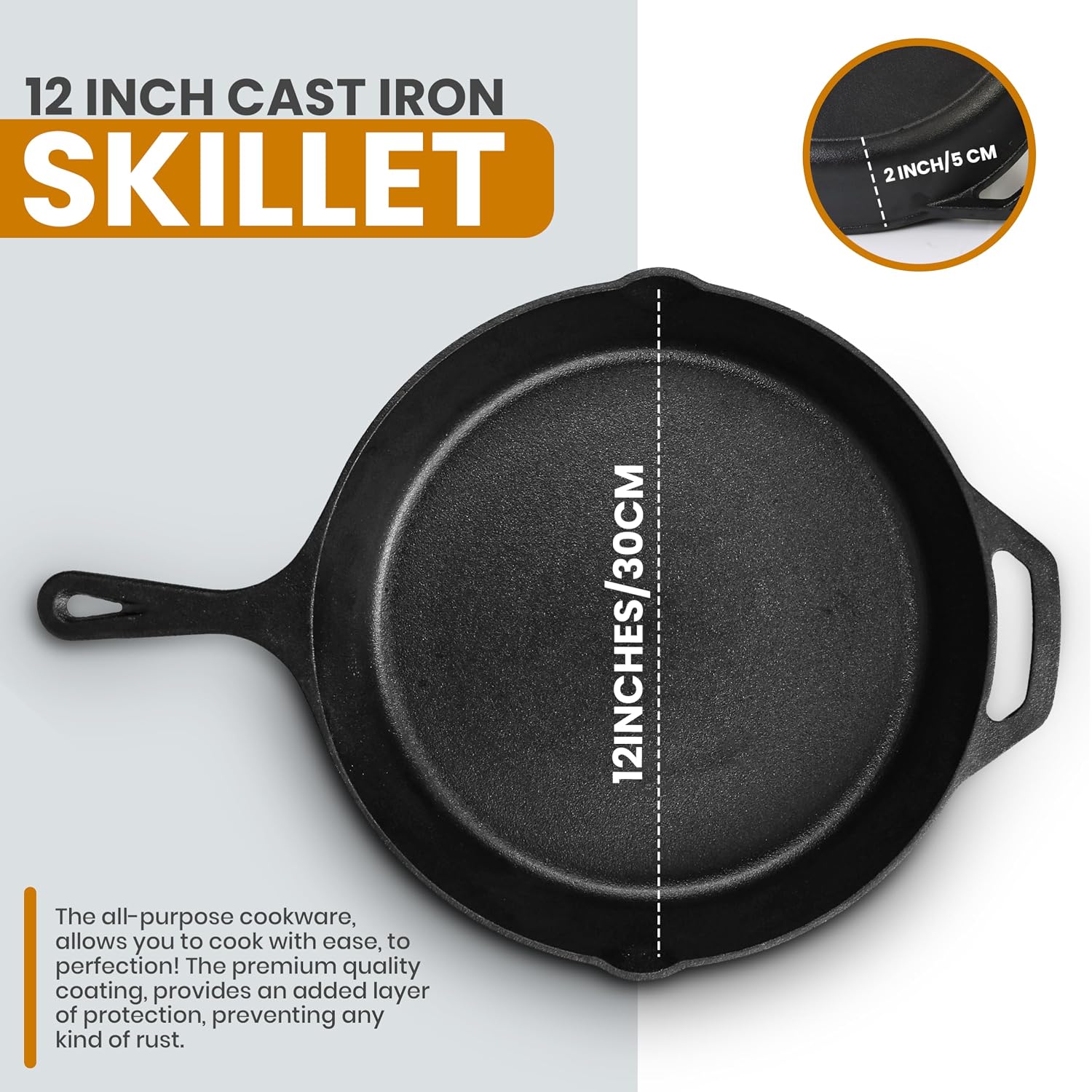 Utopia Kitchen Premium Saute Frying Pan 12 Inch, Cast Iron Chefs Pan, Pre Seasoned Cast Iron Skillet With Lid, Safe Grill Cookware For Indoor & Outdoor Use, Black