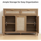 Sicotas Rattan Sideboard Buffet Cabinet With Storage, Boho Credenza Accent Cabinet With 3 Doors And 2 Drawers, Farmhouse Console Coffee Bar For Kitchen, Living Room, And Entryway, Caramel Oak