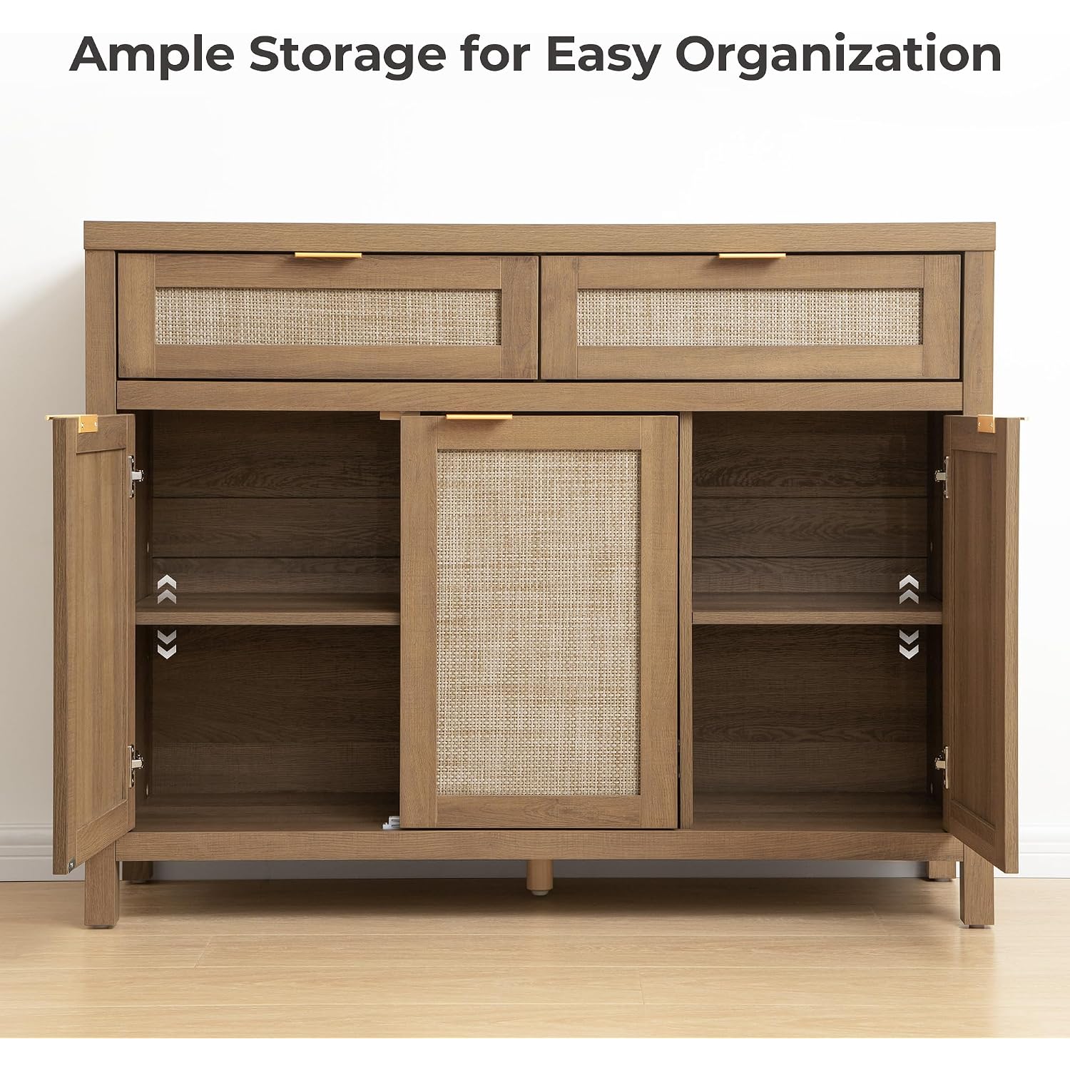 Sicotas Rattan Sideboard Buffet Cabinet With Storage, Boho Credenza Accent Cabinet With 3 Doors And 2 Drawers, Farmhouse Console Coffee Bar For Kitchen, Living Room, And Entryway, Caramel Oak