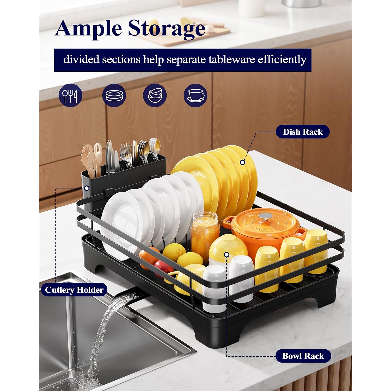 Kitsure Dish Drying Rack - Multi-Functional Dish Rack For Kitchen Counter With Cutlery Holder, Rust-Proof Storage Solution With Rotatable, 15.7" X 12.0" X 5.5", Black
