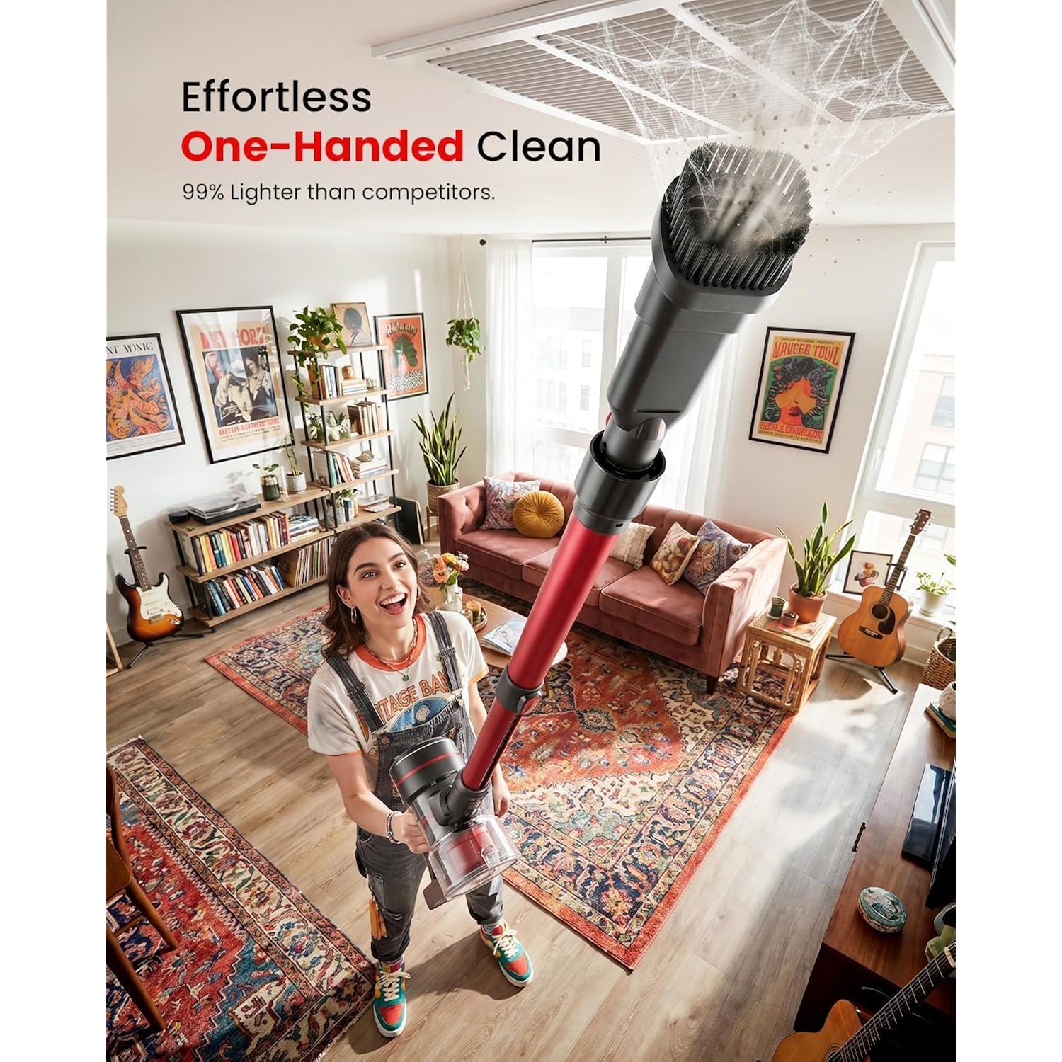 Chebio Lightweight Cordless Vacuum Cleaners For Home, Stick Vacuum Cordless Rechargeable With 45Kpa Suction,45-Min Run,Anti-Tangle And Self-Stand, 6 In 1 Hardwood Vacuum Cleaner (Red)