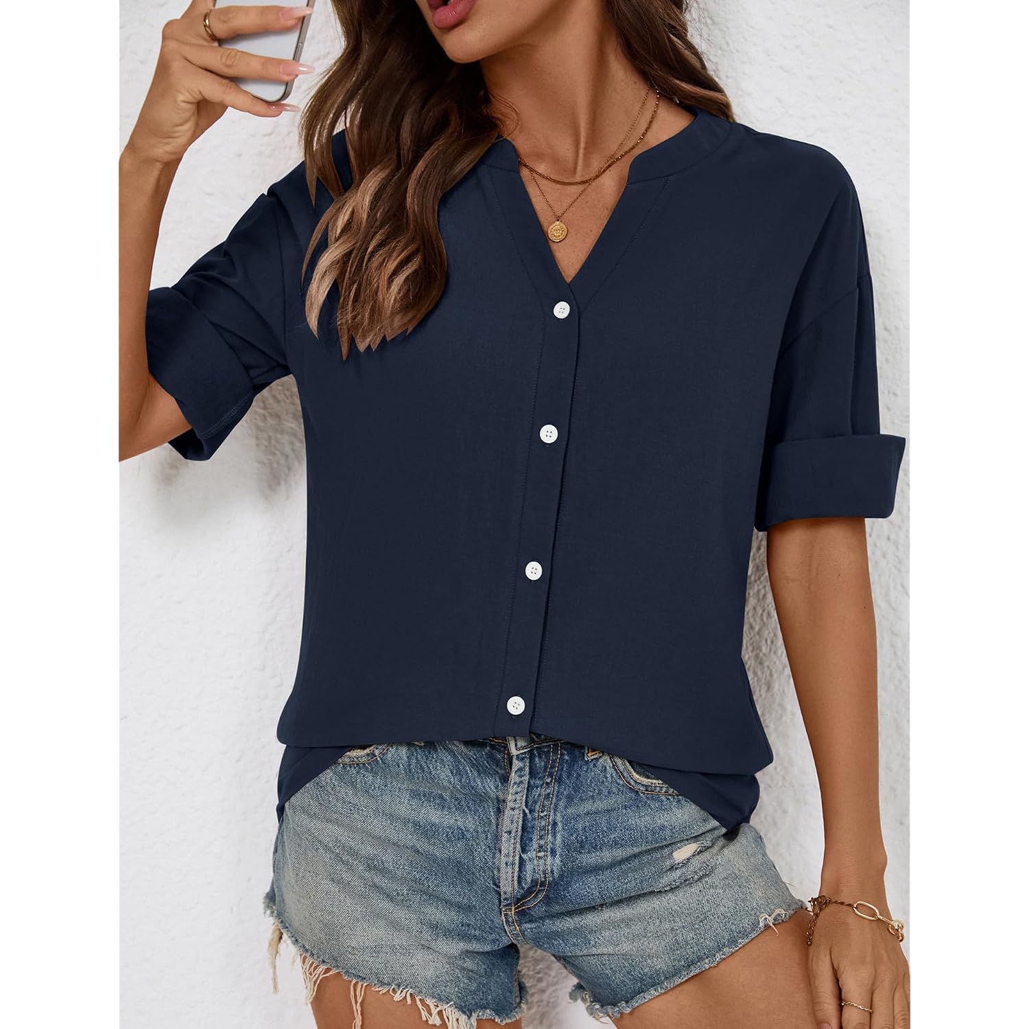 Lomon Womens 3/4 Sleeve Button Down Shirts Cotton Linen Roll Up Short Sleeve Tops V Neck Casual Loose Fit Blouses