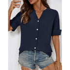 Lomon Womens 3/4 Sleeve Button Down Shirts Cotton Linen Roll Up Short Sleeve Tops V Neck Casual Loose Fit Blouses