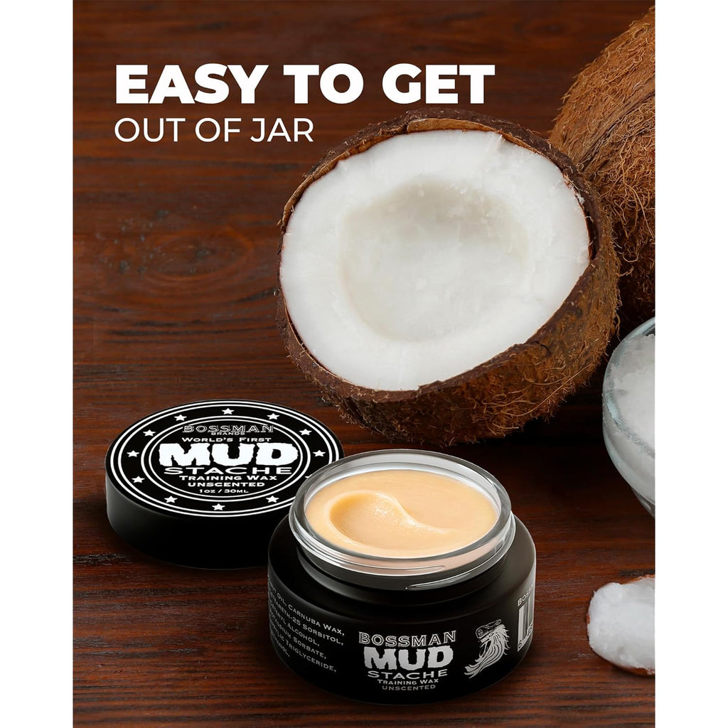 Bossman MUDstache Unscented Mustache Wax for Men (1 oz) – Strong 24-Hour Hold, Non-Tacky & Easy to Apply for Taming & Styling