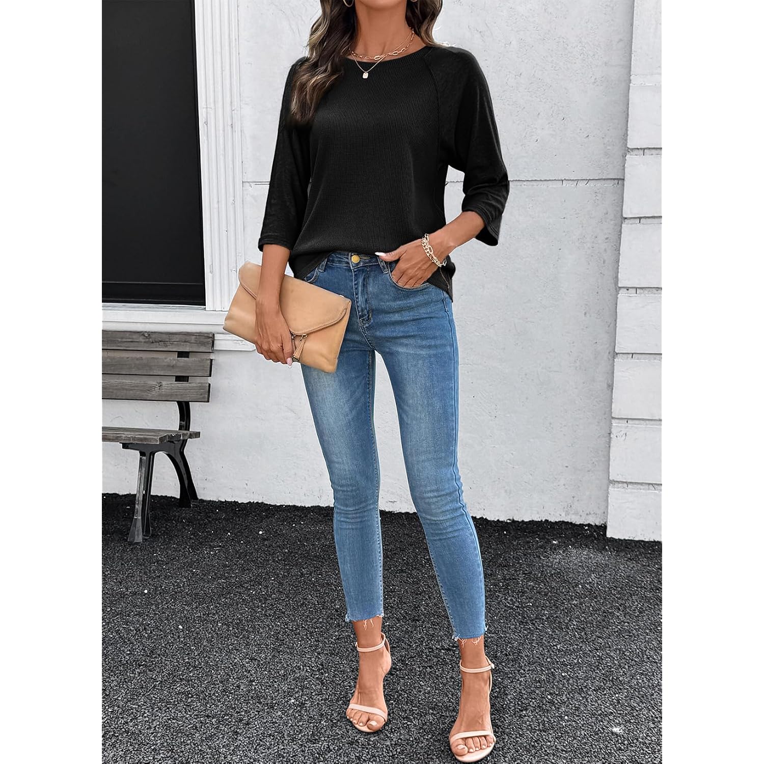 Dokotoo Womens Tops Spring Summer 3/4 Length Sleeve Fashion T Shirts For Women Crewneck Waffle Knit Casual Loose Tee Blouses