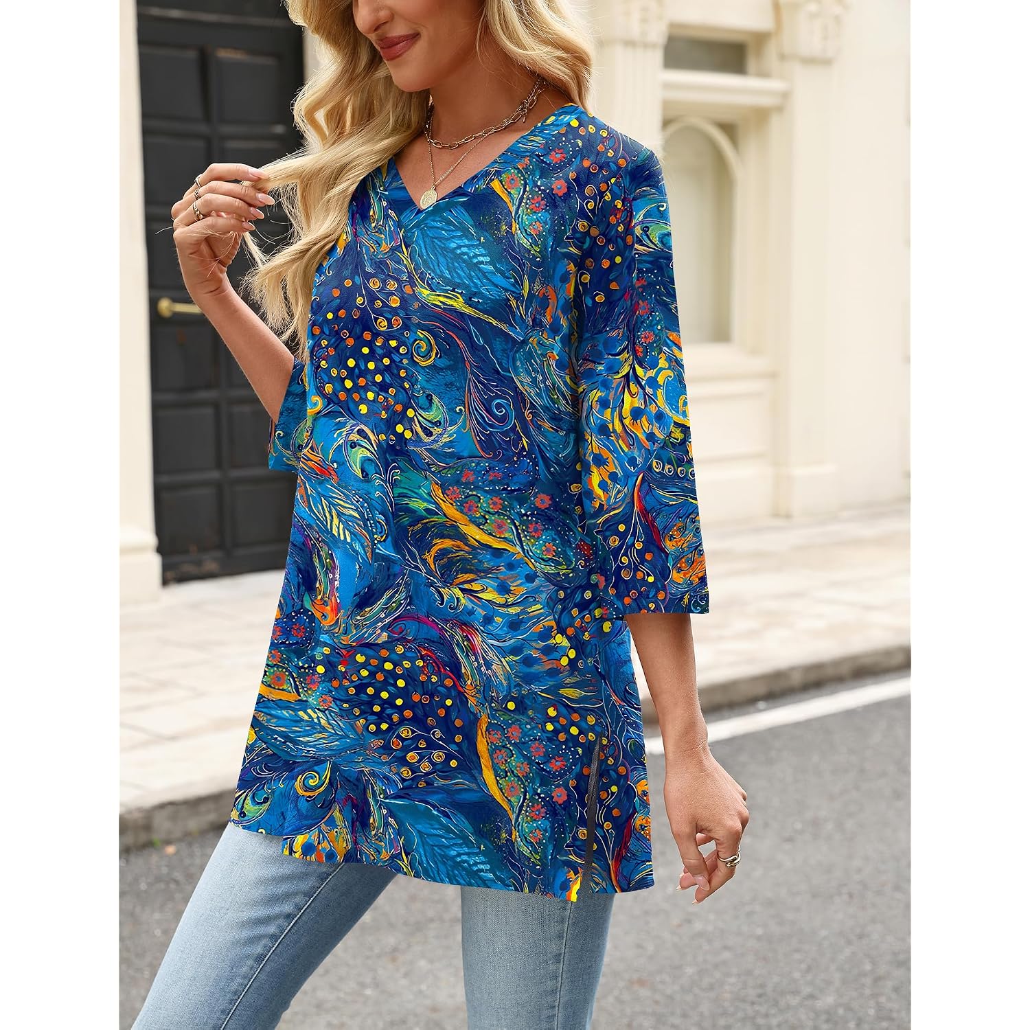 3/4 Length Sleeve Cotton Linen Womens Tops V Neck Loose Fit Dressy Casual Blouse Flowy Shirts Womens Clothing