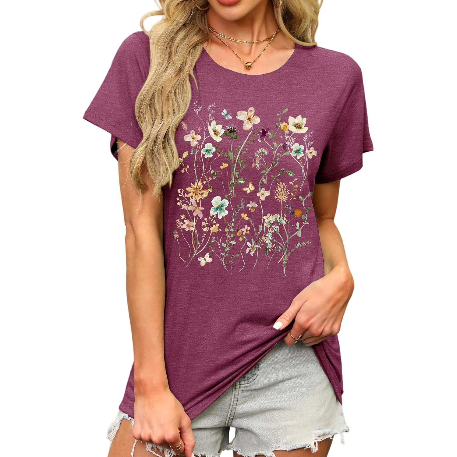 MAPICK Women's Floral Graphic Tees Short Sleeve Casual T-Shirts Boho Style Cute Summer Loose Fit Tops Purple