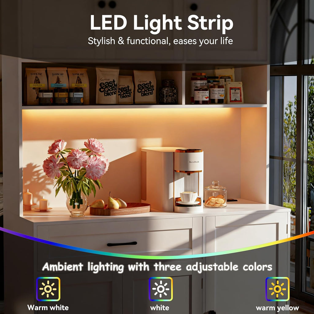 Fjtjbsi 72" Kitchen Pantry Cabinet With Led Light And Charging Station Tall Pantry Storage Cabinet With Adjustable Shelves And Door Shelves Modern Kitchen Hutch With Microwave Stand And Countertop
