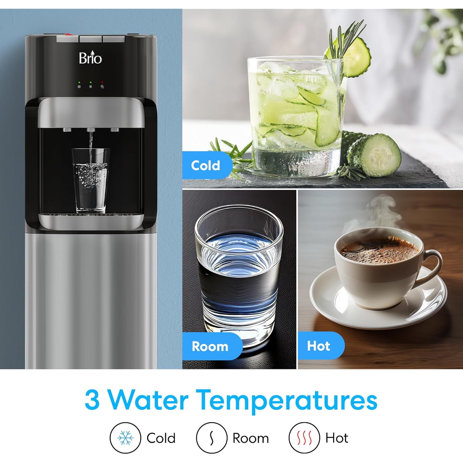 Brio Bottom Loading Water Cooler Dispenser for 5 Gallon Bottles - 3 Temperatures with Hot, Room & Cold Spouts, Child Safety Lock, LED Display with Empty Bottle Alert, Stainless Steel
