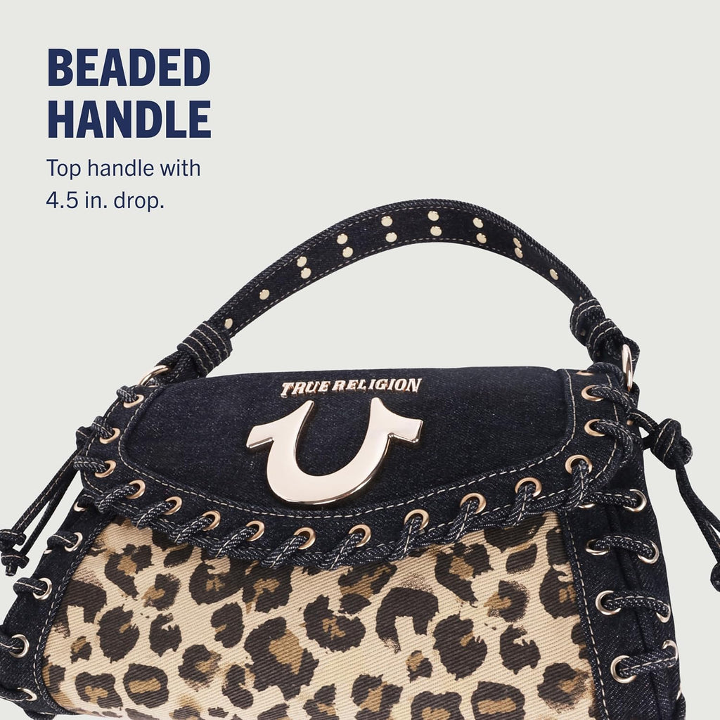 True Religion Denim Eyelet Trim Flap Bag, Studded Lace-Up Crossbody Shoulder Handbag With Horseshoe Logo, Leopard