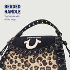 True Religion Denim Eyelet Trim Flap Bag, Studded Lace-Up Crossbody Shoulder Handbag With Horseshoe Logo, Leopard
