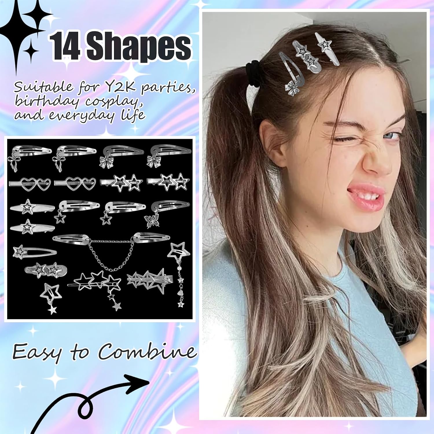 20Pcs Star Hair Clips Y2K Silver Hair Clips 14 Shapes Y2K Hair Accessories Metal Non-Slip Snap Barrettes For Girls 2000S Punk Kawaii Butterfly Charm Hair Clips For Women(Silver B)